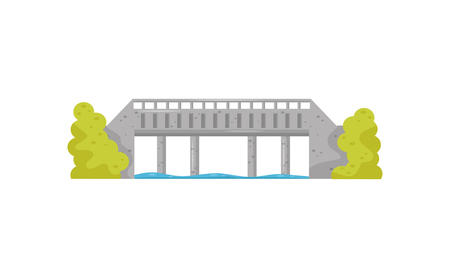 Flat vector icon of big stone bridge, blue water and green bushes. Walkway across the river. Construction for transportationの写真素材