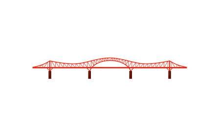 Bright red metal bridge. Urban construction for transportation. Element for city transport infrastructure. Flat vector designの写真素材