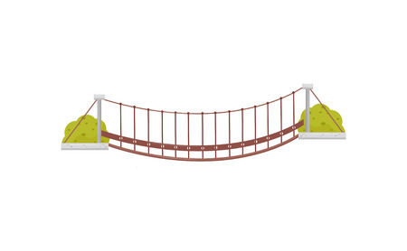 Small hanging wooden bridge and green bushes. Suspension footbridge. Flat vector element for mobile gameの写真素材