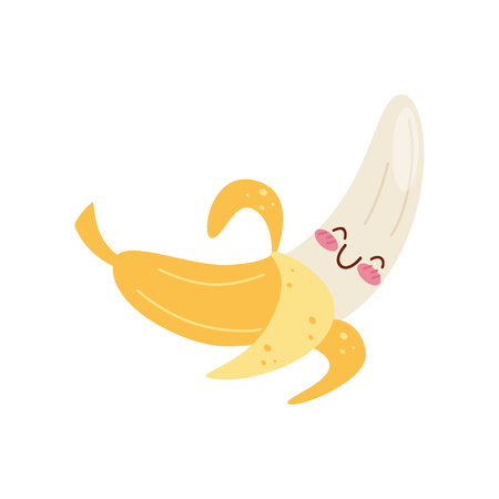 Cute peeled banana food cartoon character vector Illustration on a white backgroundの写真素材