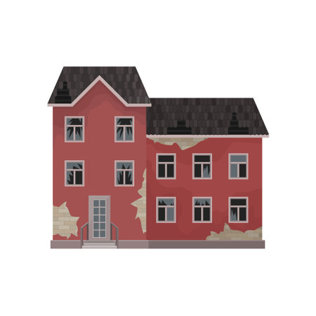 Big abandoned mansion. Old house with peeling paint, broken roof and windows. Flat vector element for mobile gameのイラスト素材