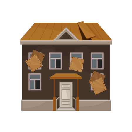 Old house with broken roof and boarded up windows. Facade of abandoned building. Private home. Flat vector iconのイラスト素材