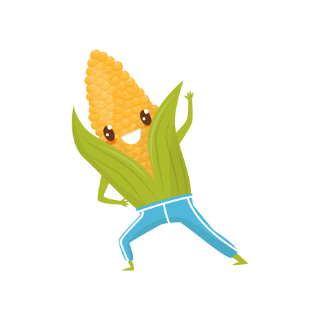 Funny corncob doing sports, sportive vegetable cartoon character vector Illustration on a white backgroundの写真素材