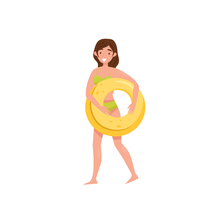 Smiling girl holding yellow inflatable ring in hands. Young woman in green swimming suit. Flat vector designのイラスト素材