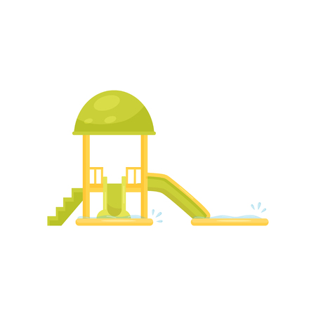 Small green water slides with pools. Aqua park equipment. Fun attraction for kids. Flat vector designのイラスト素材