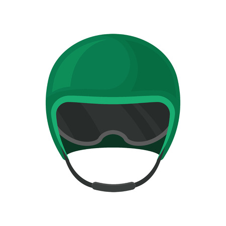 Classic green motorcycle helmet with goggles, front view. Protective hat for motorcyclist. Flat vector iconの写真素材