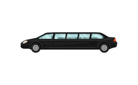 Black limousine. Airport limo service. Large, luxurious automobile. Luxury vehicle. Transportation theme. Colorful illustration in flat style isolated on white background. Cartoon vector design.のイラスト素材