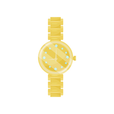 Luxury mechanical wrist watch with golden chain and diamonds on dial. Elegant female accessory. Graphic element for advertising poster or banner. Flat vector illustration isolated on white background.のイラスト素材