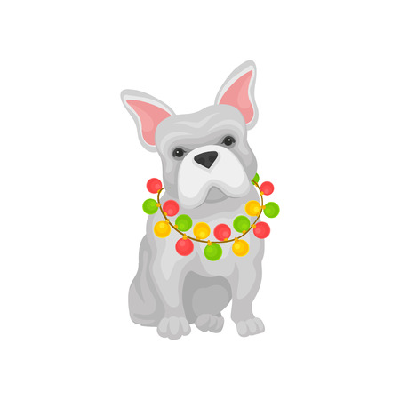 Adorable french bulldog with Christmas garland on neck. Home pet. Flat vector iconのイラスト素材