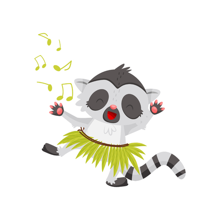 Funny lemur dancing in green hula skirt. Joyful humanized animal with long black-and-white tail. Cartoon character. Graphic element for children book. Flat vector design isolated on white background.のイラスト素材