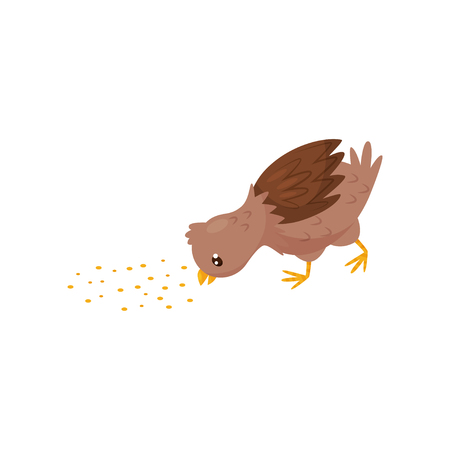 Small brown chicken eating grain. Young farm bird. Domestic fowl. Graphic element for children book or mobile game. Cartoon vector design. Colorful flat illustration isolated on white background.のイラスト素材