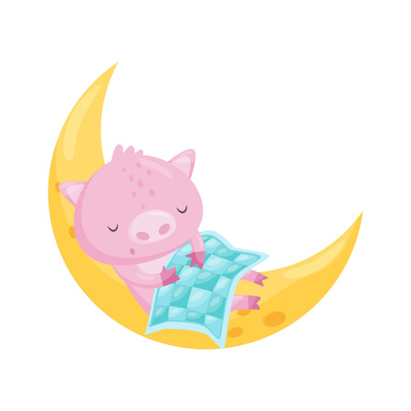 Cute little pig sleeping on the moon, lovely animal cartoon character, good night design element, sweet dreams vector Illustration isolated on a white background.のイラスト素材