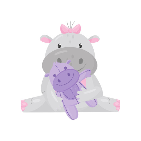 Cute adorable hippo with a pink bow sitting and playing with toy, lovely behemoth animal cartoon character vector Illustration isolated on a white background.のイラスト素材