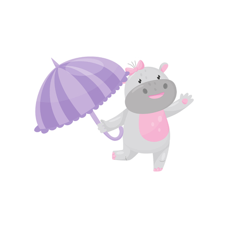 Cute adorable hippo walking with umbrella, lovely behemoth animal cartoon character vector Illustration isolated on a white background.のイラスト素材