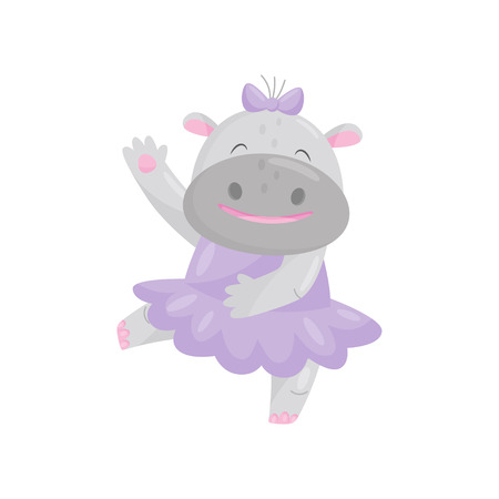 Cute happy hippo with a bow in a purple dress, lovely behemoth animal cartoon character vector Illustrationのイラスト素材