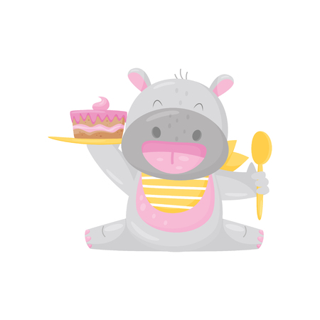 Cute smiling hippo in a bib eating cake with spoon, lovely behemoth animal cartoon character vector Illustration isolated on a white background.のイラスト素材