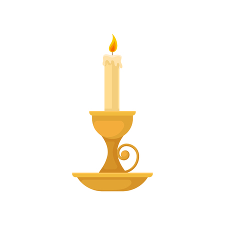 Burning candle in vintage candle holder, small candlestick, vector Illustration isolated on a white background.のイラスト素材