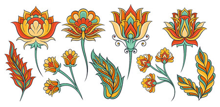 Collection of bright indian patterns. Colorful ethnic ornaments in linear style. Abstract decorative elements. Graphic design for postcard or textile. Vector illustrations isolated on white backgroundのイラスト素材