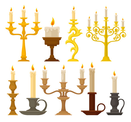 Candles in candlesticks set, vintage candle holders and candelabrums vector Illustration isolated on a white background.のイラスト素材