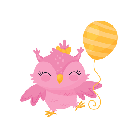 Lovely pink owlet with balloon, cute bird cartoon character, design element for Birthday party vector Illustration isolated on a white background.のイラスト素材