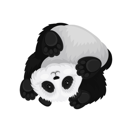 Funny panda upside down. Bamboo bear with fluffy black and white fur. Tropical animal. Wildlife theme. Graphic element for children book. Colorful flat vector design isolated on white background.のイラスト素材