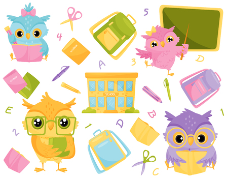 Cute wise owls and school supplies, school education and knowledge concept vector Illustration isolated on a white background.のイラスト素材