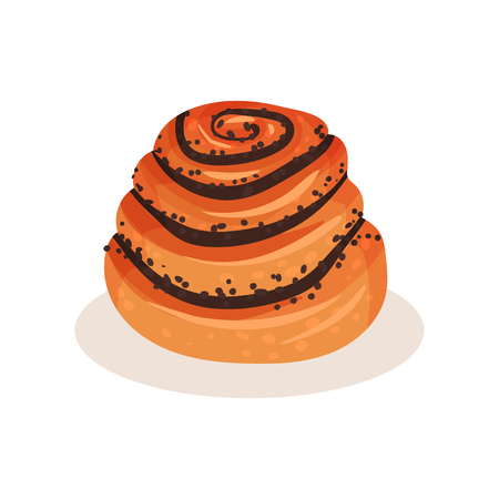 Sweet bun with poppy seeds, bakery pastry product vector Illustration isolated on a white background.のイラスト素材