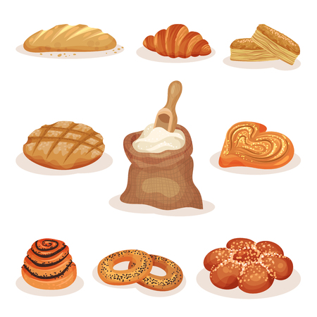 Fresh baked bread and bakery pastry products set, loaf, sweet buns, croissant, bagels vector Illustration isolated on a white background.のイラスト素材