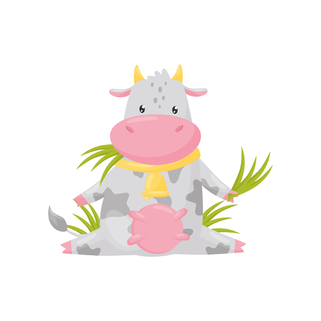 Cute spotted cow sitting and eating grass, funny farm animal cartoon character vector Illustration isolated on a white background.のイラスト素材