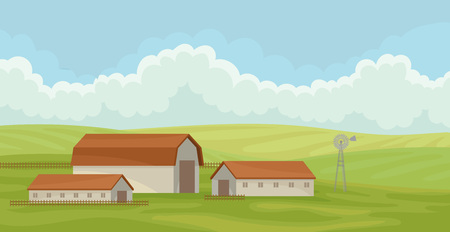 Summer rural landscape with barn, field with green grass, agriculture and farming vector Illustration isolated on a white background.のイラスト素材