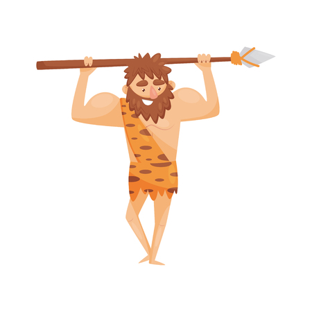 Stone age prehistoric man with spear, primitive cavemen cartoon character vector Illustration on a white backgroundのイラスト素材