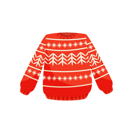 Red Christmas sweater with norwegian ornament, knitted warm jumper vector Illustration on a white backgroundの写真素材
