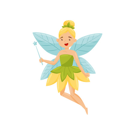 Cute beautiful little winged fairy in green dress, mythical fairy tale creature vector Illustration on a white backgroundの写真素材