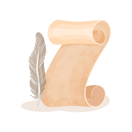 Old paper scroll and quill pen, symbols of retro writing, science and knowledge vector Illustration isolated on a white background.のイラスト素材