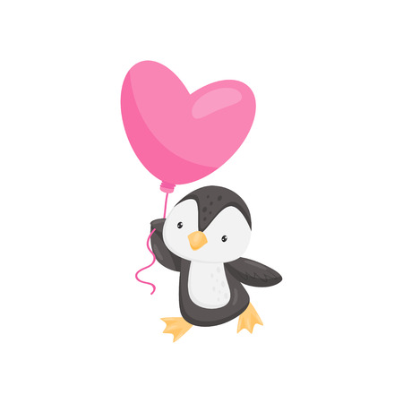 Lovely penguin with bright pink balloon in shape of heart. Cartoon character of cute animal. Love theme. Graphic element for postcard. Vector illustration in flat style isolated on white background.のイラスト素材