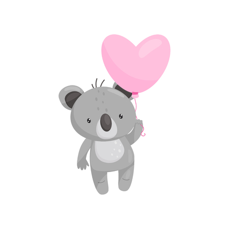 Cartoon icon of adorable koala with bright pink heart-shaped balloon. Cartoon character of wild animal. Love theme. Element for children book or postcard. Flat vector isolated on white background.のイラスト素材