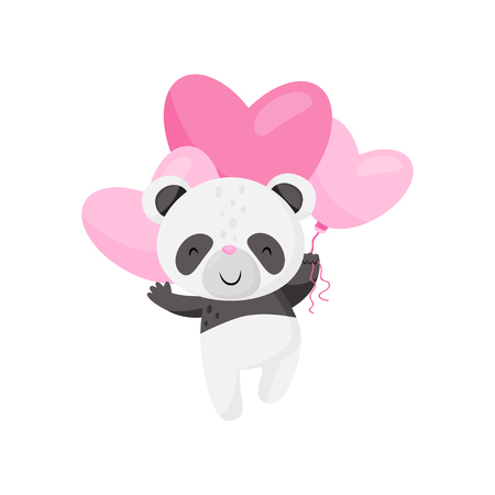 Cute little panda flying with pink heart-shaped balloons. Funny black and white bamboo bear. Love theme. Colorful graphic element for children book or greeting card. Isolated flat vector illustration.のイラスト素材