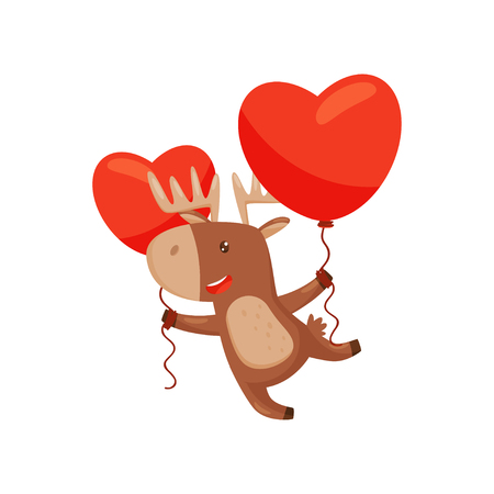 Cheerful deer flying with two red balloons in shape of hearts. Cartoon character of wild animal with horns. Graphic element for greeting card. Flat vector illustration isolated on white background.のイラスト素材