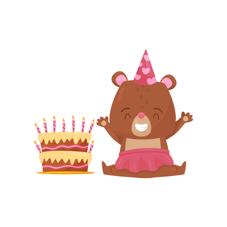 Happy girl bear sitting on floor near big Birthday cake. Humanized forest animal and tasty holiday dessert. Adorable cartoon character. Colorful flat vector illustration isolated on white background.のイラスト素材