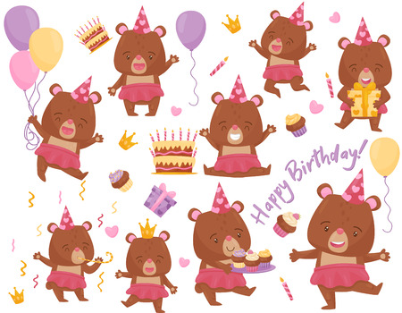 Set of happy girl bear in different actions. Adorable humanized animal in pink skirt and party hat. Graphic elements for Birthday postcard or banner. Flat vector icons isolated on white background.のイラスト素材