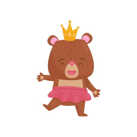 Illustration of happy girl bear in pink skirt and golden crown on head. Humanized forest animal. Funny cartoon character of wild creature. Colorful flat vector design isolated on white background.のイラスト素材