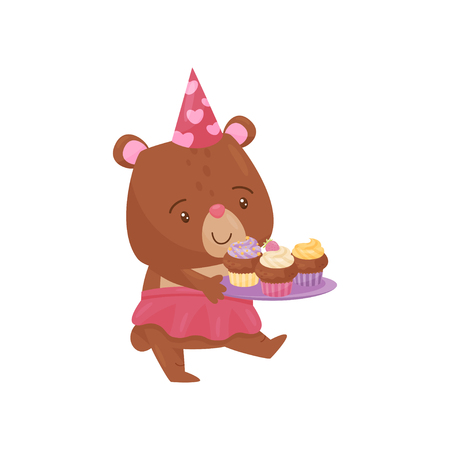 Cute girl bear walking with tray of delicious cupcakes. Adorable humanized animal in party hat and pink skirt. Cartoon character of wild forest creature. Flat vector icon isolated on white background.のイラスト素材