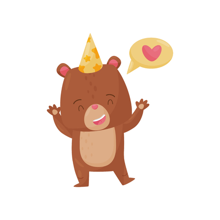 Happy little bear standing with paws up, speech bubble with pink heart. Funny humanized animal in party hat. Adorable cartoon character. Vector illustration in flat style isolated on white background.のイラスト素材