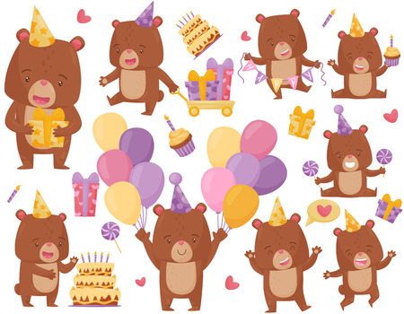 Collection of happy brown bear in different actions. Funny humanized animal in party hat. Birthday theme. Graphic elements for greeting card or poster. Flat vector icons isolated on white background.のイラスト素材