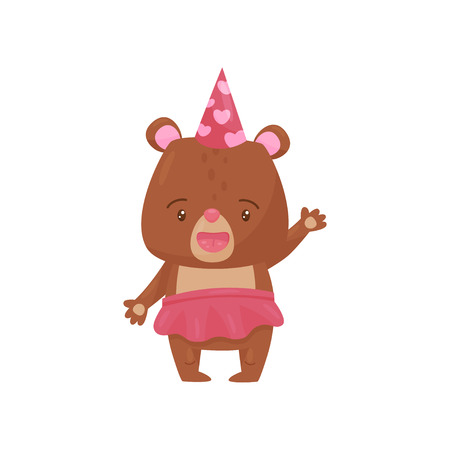 Friendly girl bear in pink skirt and party hat, waving paw. Adorable forest creature. Wild animal. Graphic element for children book or postcard. Flat vector illustration isolated on white background.のイラスト素材