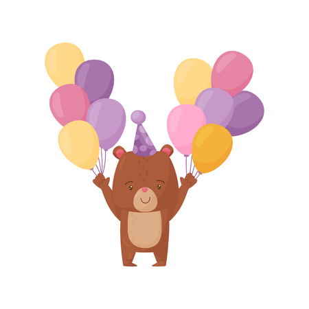 Adorable brown bear with two bunches of colorful air balloons in paws. Adorable forest creature. Cartoon character of wild animal. Vector illustration in flat style isolated on white background.のイラスト素材