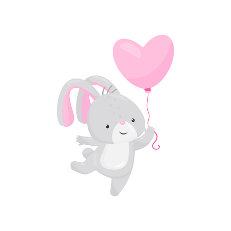 Little bunny with pink balloon in shape of heart. Cartoon character of adorable animal with long ears. Graphic element for romantic postcard. Flat vector illustration isolated on white background.のイラスト素材