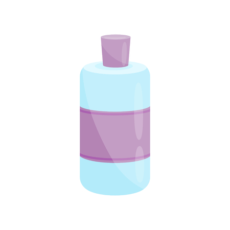 Blue plastic nail polish remover bottle. Small glass container with purple label and lid. Cosmetic product. Beauty theme. Cartoon vector design. Colorful flat illustration isolated on white backgroundのイラスト素材