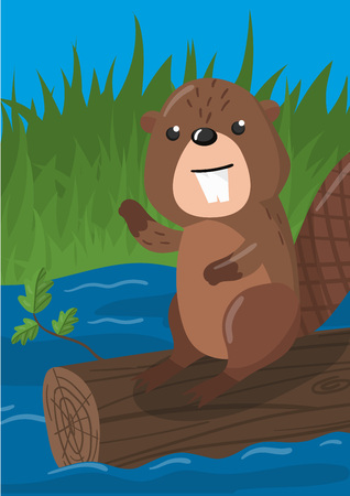 Cute beaver vector illustration with woodland animal, design element for banner, flyer, placard, greeting card, in cartoon style.のイラスト素材