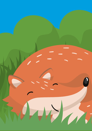 Cute red fox vector illustration with woodland animal, design element for banner, flyer, placard, greeting card, in cartoon style.のイラスト素材